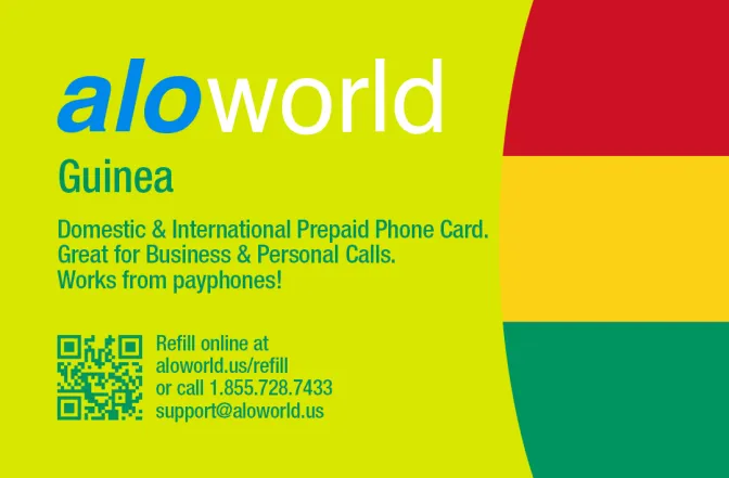 Aloworld guinea Calling Card. Call guinea from USA & Canada